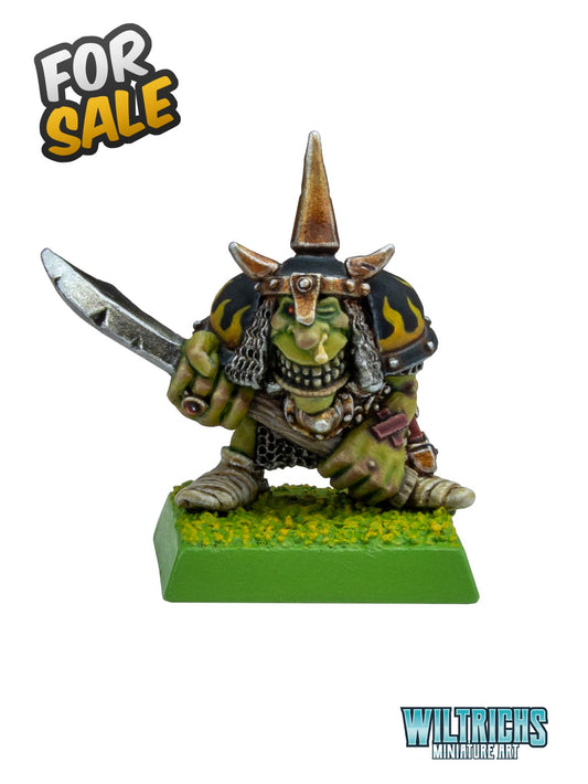 Night Goblin Champion miniature painted by Wiltrichs – 28mm display model on Goblin Green base, Olden Demon 2025 entry