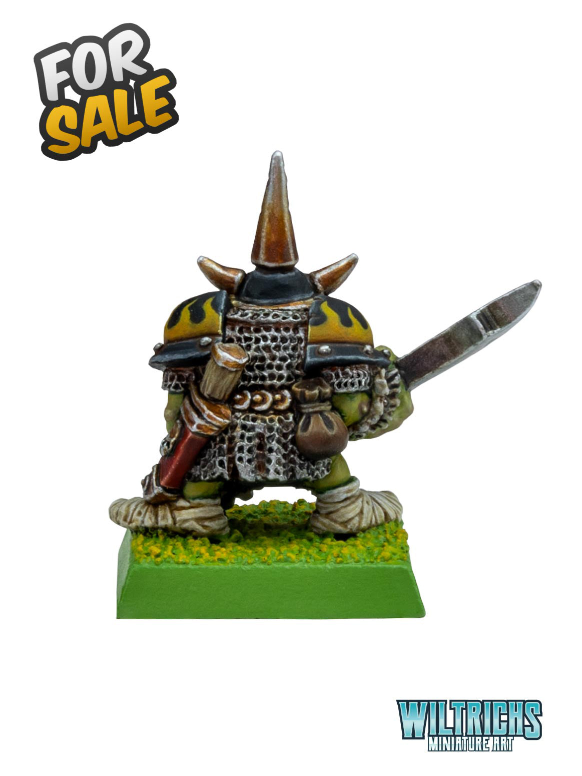 Night Goblin Champion miniature painted by Wiltrichs – 28mm scale display. Mounted on Goblin Green base, Olden Demon 2025 entry