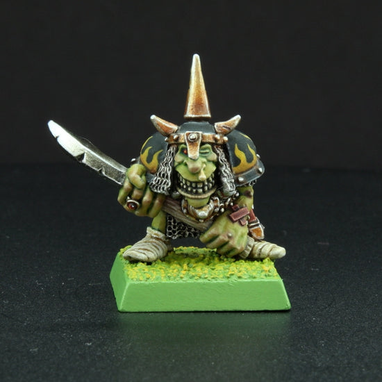 Night Goblin Champion miniature painted by Wiltrichs – 28mm display model on Goblin Green base, Olden Demon 2025 entry